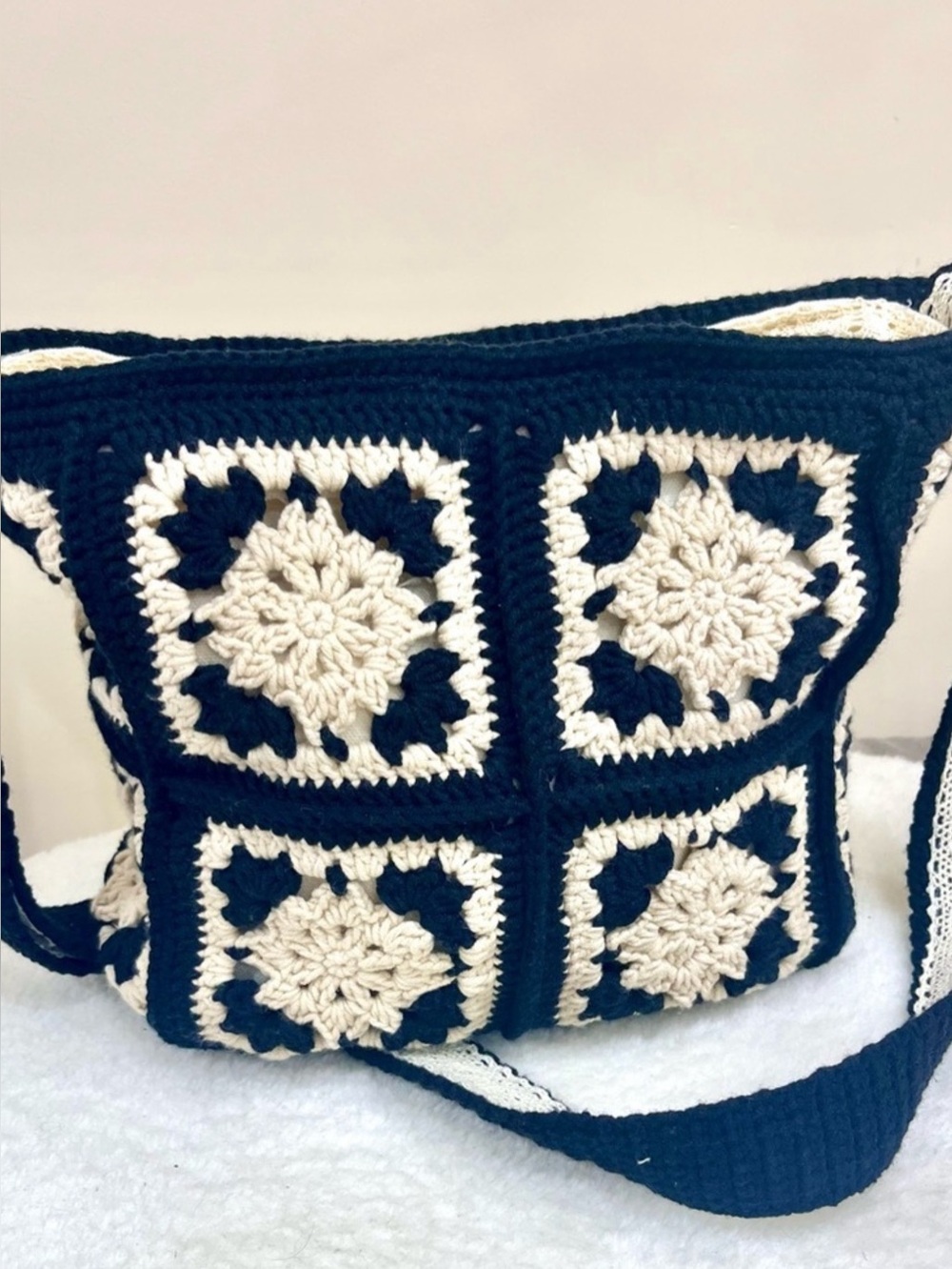 Handmade Navy & Cream Crochet Crossbody Bag - Women Bags